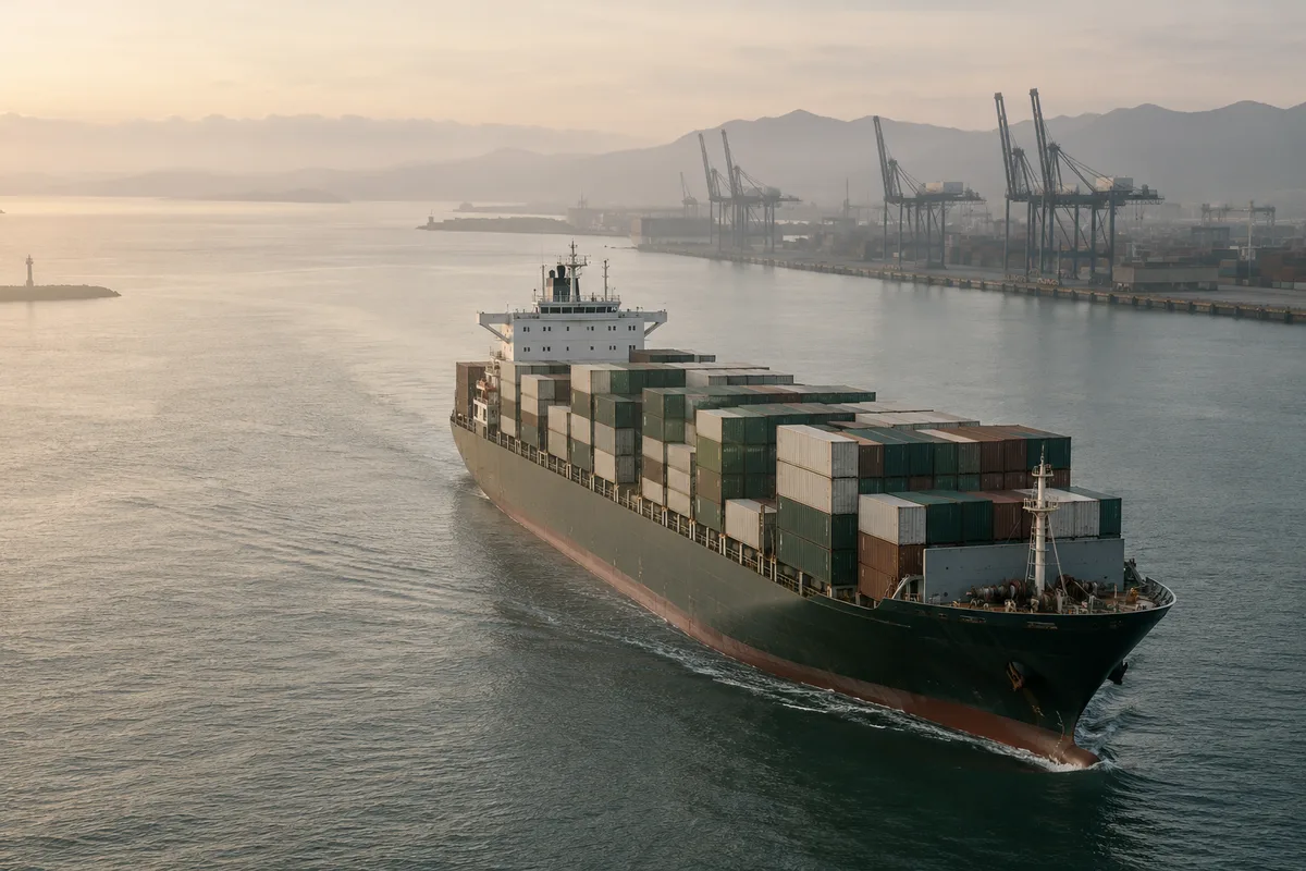 Imagem ilustrativa de um navio cargueiro em águas calmas, representando a intenção de importação.