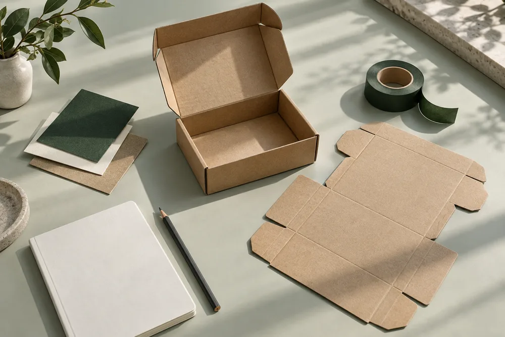 Composição ilustrativa de protótipos de embalagem e materiais sobre uma mesa de trabalho.
